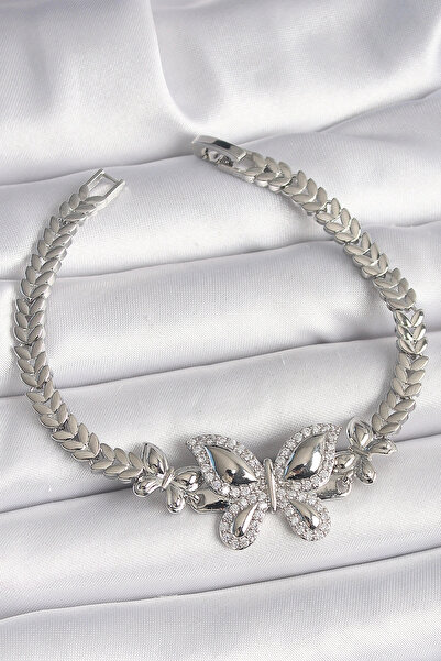 özssa Brass Silver Color Zircon Stone Butterfly Model Women's Bracelet