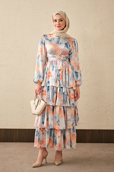 LOCCO Γυναικείο φόρεμα με μικτό σχέδιο, δεμένο στη μέση, από σατέν, χρώμα σομόν