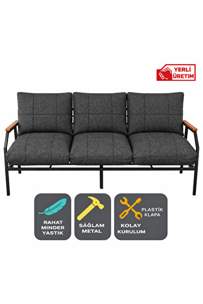 UFUK HOME Linda 3’lü Koltuk Antrasit – Metal İskeletli Plastik Kolçaklı Minde...