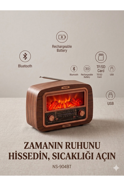 M90 Pro Şömine Efektli Nostaljik Retro Radyo - Bluetooth Hoparlör - Taşınabil...