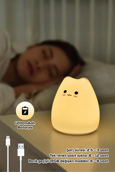 Canderel Kedi Şekilli Dokunmatik RGB Gece Lambası- Silikon Şarjlı LED Işık Çocuk Odası Süsü Lambası