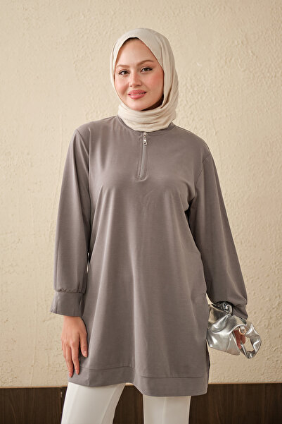 LOCCO Women's Half-Zipper Slit Crew Neck Long Tunic Gray