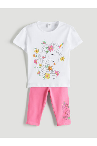 LC Waikiki Tricou de fete cu guler rotund și imprimeu și colanți, set de 2 piese