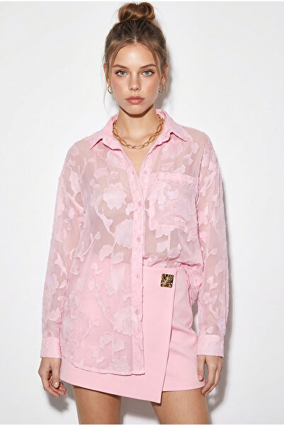 Bianco Lucci Γυναικείο πουκάμισο από σιφόν με ανάγλυφο σχέδιο τριαντάφυλλο Με...