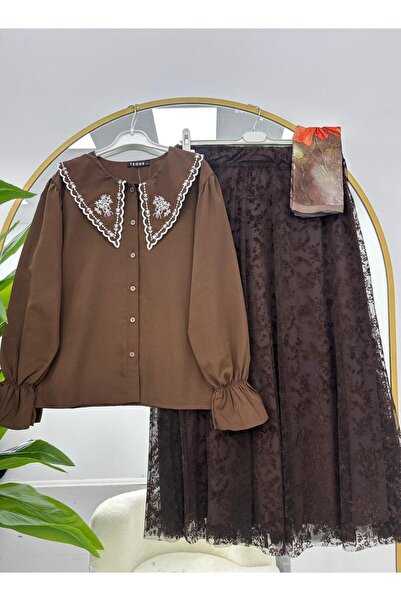 modasindoma Σετ μπλούζα με κεντημένο γιακά και φούστα από δαντέλα