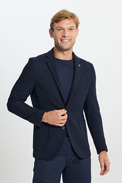 ALTINYILDIZ CLASSICS Men's Navy Blue Wool Slim Fit Slim Fit Mono Collar Patte...