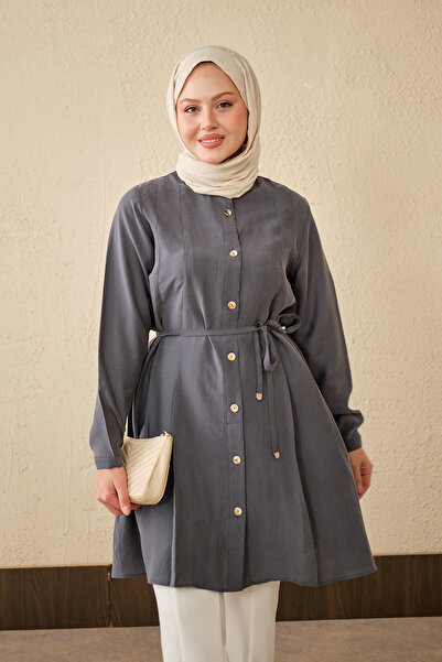 LOCCO Women's Pleated Detail Waist Tie Long Shirt Anthracite