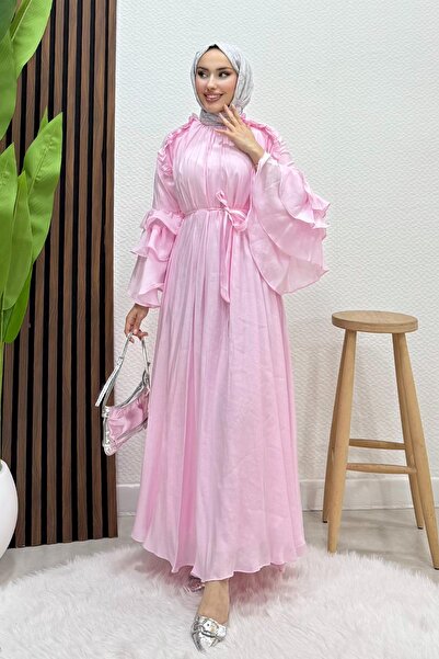 GİYZAMİLA Volanlı Modal Elbise Soft Pembe