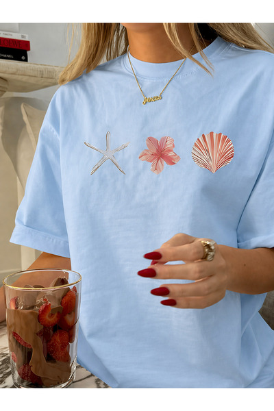 EYAX MODA İSTİRİDYE KABUKLAR BASKILI KADIN OVERSIZE TİŞÖRT / T-SHIRT