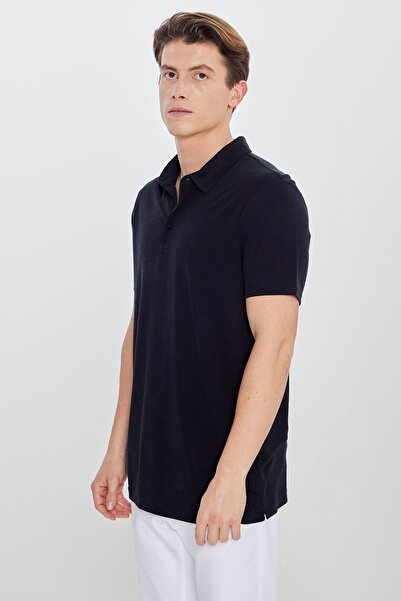 ALTINYILDIZ CLASSICS تي شيرت رجالي أسود ناعم الملمس ذو تصميم ضيق وياقة بولو