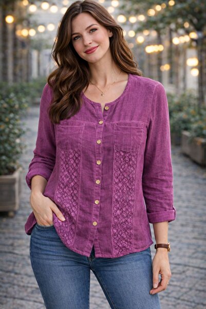 AGORATEKSTİL Γυναικείο πουκάμισο από βαμβακερό ύφασμα με μακριά μανίκια 40/48