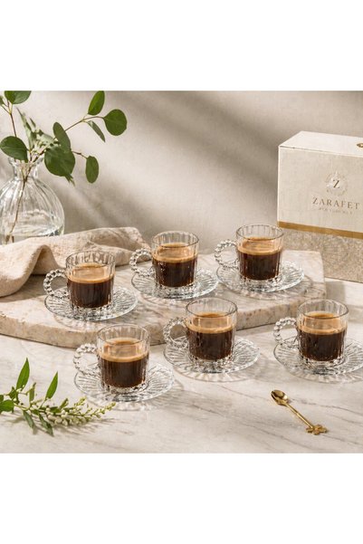 Kitchen Line Elegance Glass Cup Set of 6 – Stylish Design Glass Coffee Cup and Saucer Set with Handles
