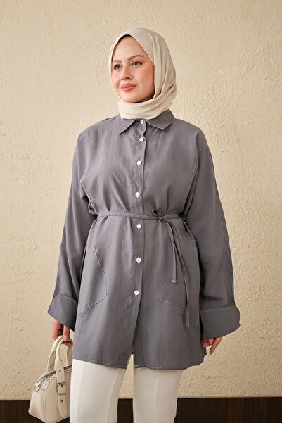 LOCCO Women's Double Pocket Detail Long Shirt Gray