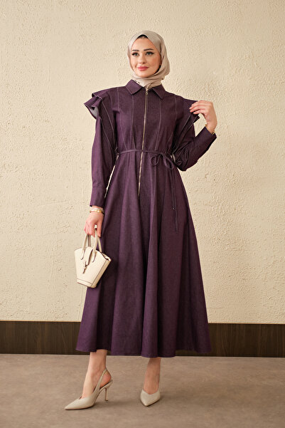 LOCCO Γυναικείο φόρεμα τζιν με λεπτομέρεια ραφής και κορδόνι στους ώμους, μωβ