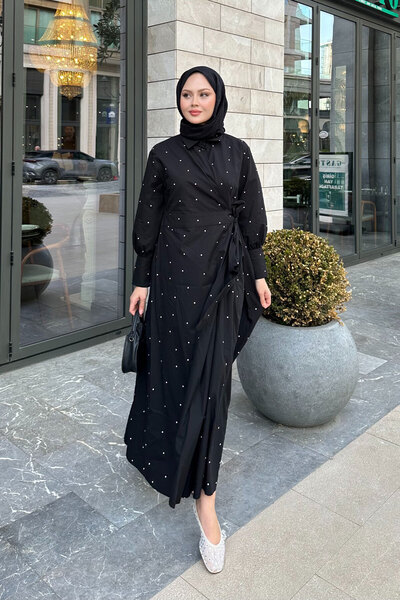 LOCCO Γυναικείο φόρεμα πουά με δέσιμο στο πλάι, μαύρο