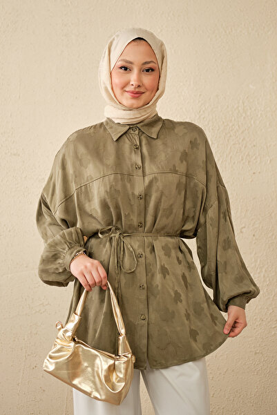 LOCCO Γυναικείο πουκάμισο με σατέν σχέδιο τριφυλλιού και δέσιμο στη μέση, πρά...