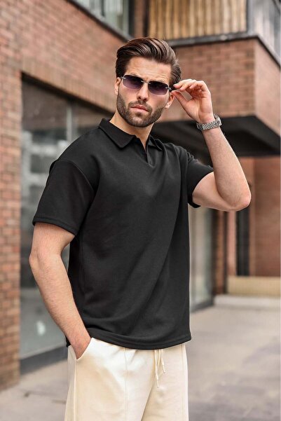 Madmext Μαύρο ανδρικό μπλουζάκι με λαιμόκοψη πόλο, oversized, E7185