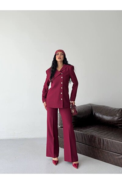 ZF BUTİK Σετ παντελονιού με ασύμμετρο γιακά και λεπτομέρεια από χρυσά κουμπιά