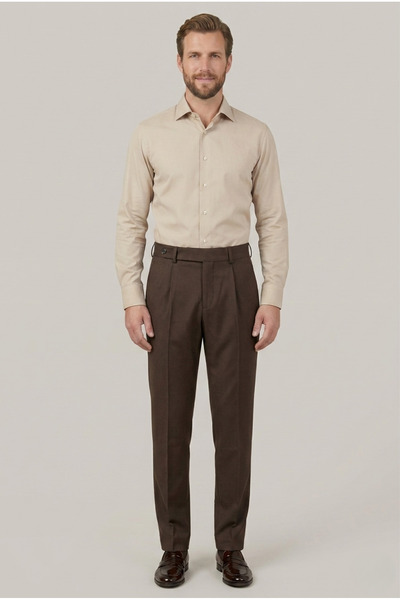 BRACCAS Men's Classic Brown Trousers Side Adjustable Pleated Regular Fit High...