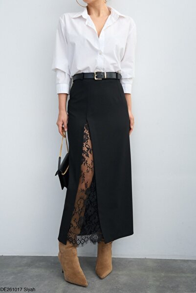 solena sln Γυναικεία μαύρη δαντελένια φούστα με λεπτομέρεια σκίσιμο και μακρύ...