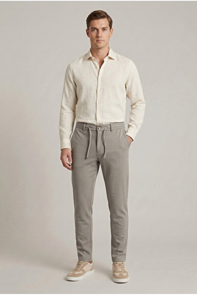 BRACCAS Men's Light Smoked Slim Fit Lace-Up Cotton Trousers with Half Elastic...