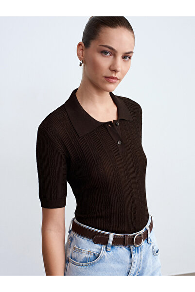 Dilvin 10781 Πλεκτή Μπλούζα με Γιακά Πόλο και Διάτρητο Σχέδιο - Σκούρο Καφέ