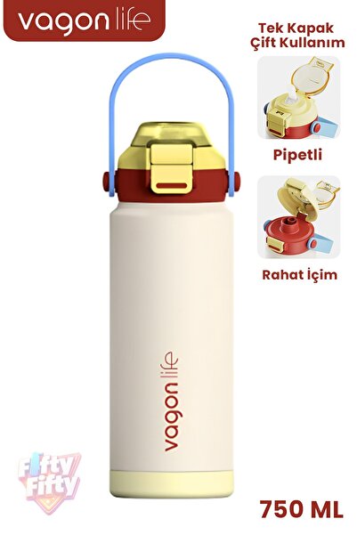 Vagonlife 750 ML Tek Kapak Çift Kullanım Pipetli Rahat İçim Kulplu Paslanmaz ...