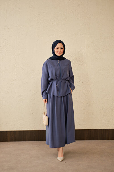 LOCCO Γυναικείο Σετ Φούστας με Διπλή Τσέπη και Δέσιμο στη Μέση, Μπλε Ινδιγκό