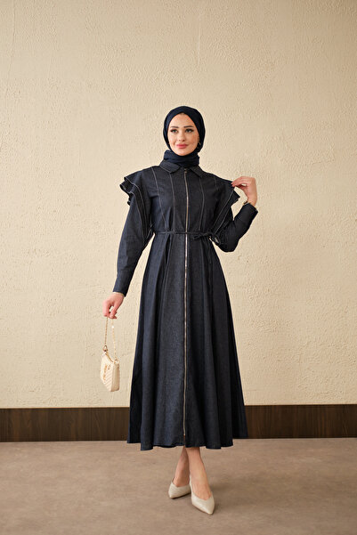 LOCCO Γυναικείο φόρεμα τζιν με λεπτομέρεια ραφής και κορδόνι στους ώμους, σε ...