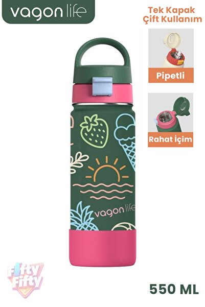 Vagonlife 550 ML Desenli Tek Kapak Çift Kullanım Pipetli Rahat İçim Kulplu Pa...