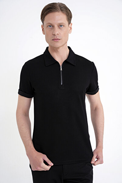 Efor Slim Fit Esnek Pamuklu Fermuarlı Polo Yaka Siyah Tişört TS 926