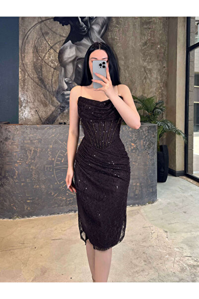 missswans Layra Korseli Boncuk İşlemeli Önü Yırtmaçlı Midi Boy Abiye Kahve