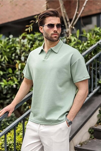 Madmext Ανδρικό μπλουζάκι με λαιμόκοψη πόλο σε πράσινο της μέντας, oversized,...