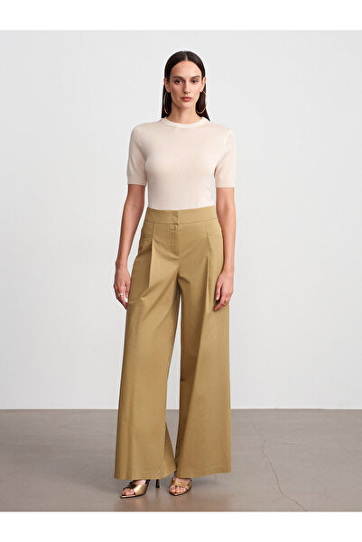 Dilvin 72666 Παντελόνι με φαρδιά μπατζάκια και πιέτες-Καμηλό
