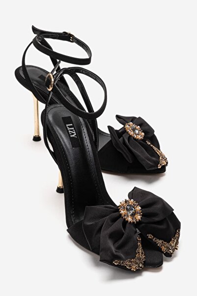 Lizy Shoes Γυναικεία μαύρα σατέν πέδιλα βραδινής έξοδου με λεπτό τακούνι 9 εκ...