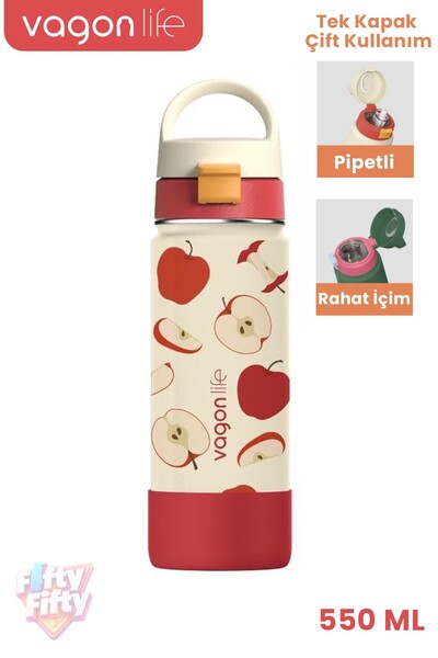 Vagonlife 550 ML Desenli Tek Kapak Çift Kullanım Pipetli Rahat İçim Kulplu Pa...