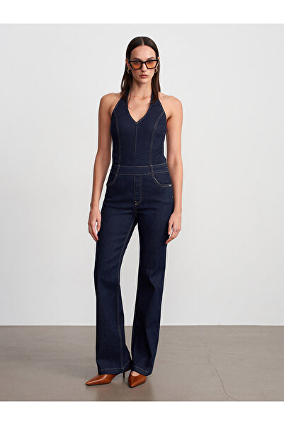 Dilvin 72310 Ολόσωμη φόρμα τζιν με λαιμόκοψη halter - Μπλε ναυτικό