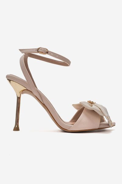 Lizy Shoes Women's Beige Satin 9 cm Thin Heeled Stone Detailed Ankle Strap Evening Dress Sandals