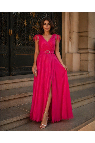 Divin store Κομψό φόρεμα οργάντζα σε χρώμα κυκλάμινου με φτερά και εξαιρετικέ...