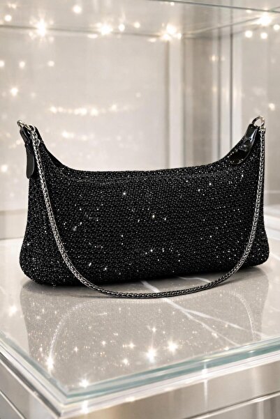 DEMESİ Women's Black Shiny Mesh Knitted Chain Hand and Shoulder Bag