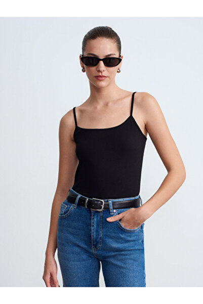 Dilvin 21217 Λεπτό βαμβακερό τοπ με τιράντες-Μαύρο