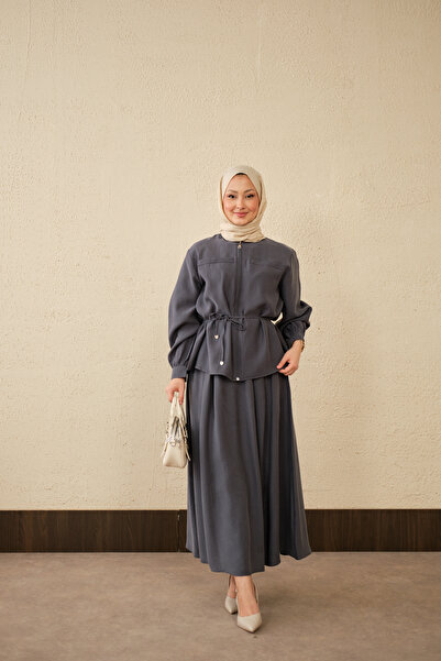 LOCCO Γυναικείο κοστούμι με διπλή τσέπη και φούστα που δένει στη μέση, γκρι