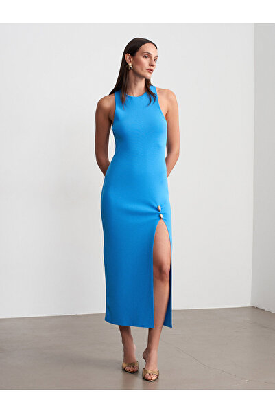 Dilvin 90255 Αξεσουάρ Λεπτομερές Πλεκτό Φόρεμα με Σχισμή - Τιρκουάζ