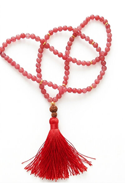 PİRAMİGO 108-Bead Natural Rose Quartz Mala Necklace – Red Tassels and Double Rudraksha Seeds "Energy of the Heart"