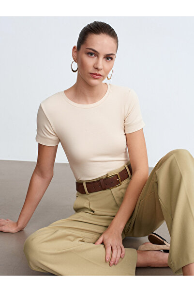 Dilvin 32637 Μπλουζάκι με λαιμόκοψη ποδηλάτου-Πέτρα