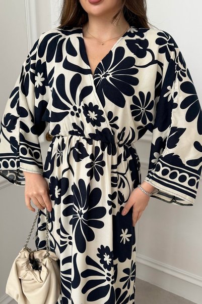 mezqa Navy Blue Patterned Long Dress with Slit Detail and Elastic Waist
