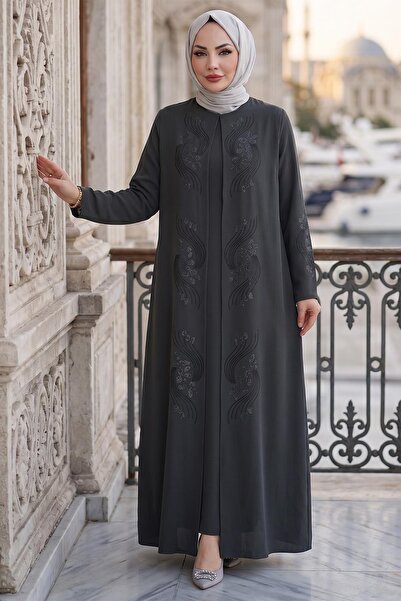 hafsamina Κομψό φόρεμα μητέρας με κεντημένα λουλούδια και πέτρες, ανθρακί HM2905