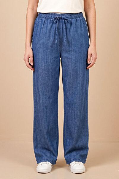 FERHEL Women's Comfortable Fit Wide Leg Jeans with Elastic Waist - Dark Blue