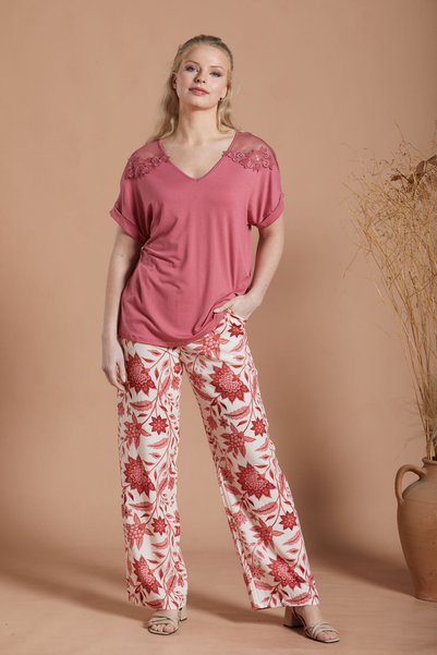 İPEKMOOD Dusty Rose Colorblouse Knitted Viscose Lycra / Trousers Woven Viscose Without Lycra with Elastic Waistband
