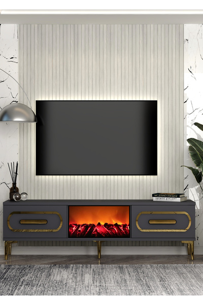 DEMONTE DECOR TV0071-TXA150DD-128 ŞÖMİNELİ TV SEHPASI ANTRASİT-ALTIN